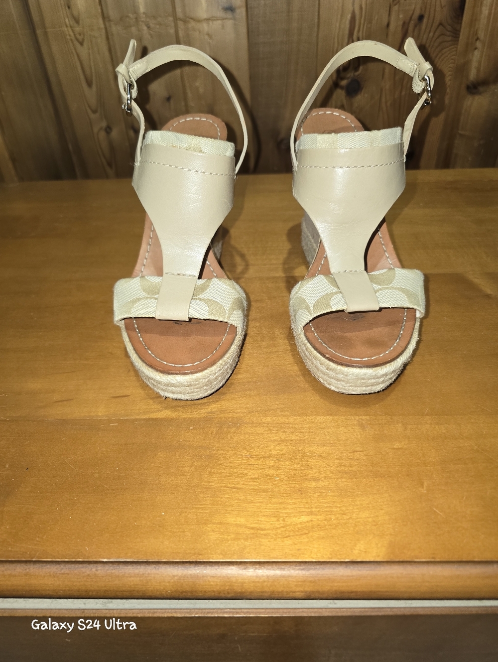 Coach Signature Canvas and Leather Beige Espadrille Wedges